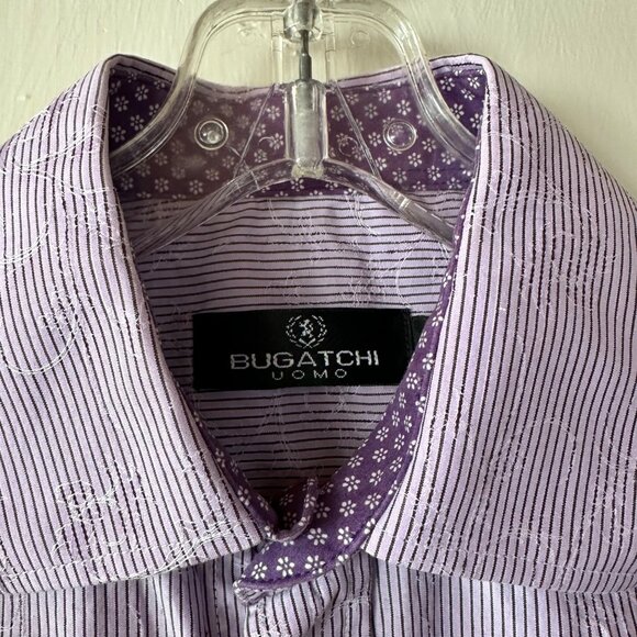 Cropped Bugatchi Button Up Shirt Medium Embroidered-Look Jacquard Purple Stripe - Picture 6 of 6